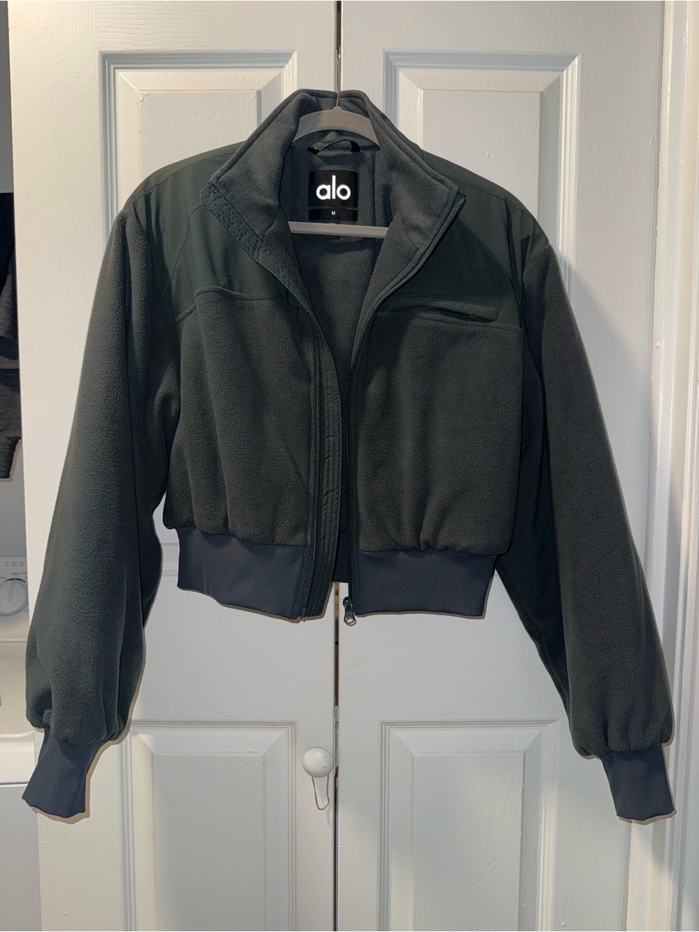 ALO Yoga Dark Green Cropped Fleece Bomber Jacket